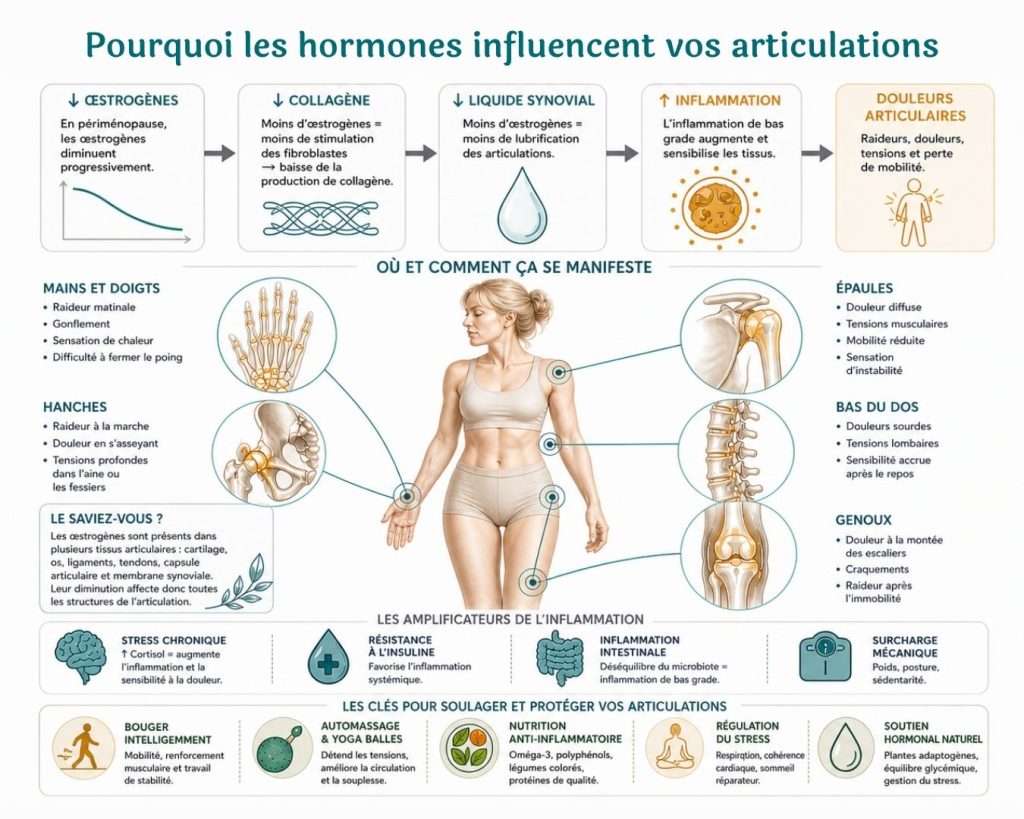 Infographie sur la périménopause montrant comment la baisse des œstrogènes réduit le collagène et la lubrification articulaire, augmente l’inflammation et cause douleurs, raideur et perte de mobilité dans les mains, épaules, hanches, dos et genoux, avec facteurs aggravants et solutions naturelles.