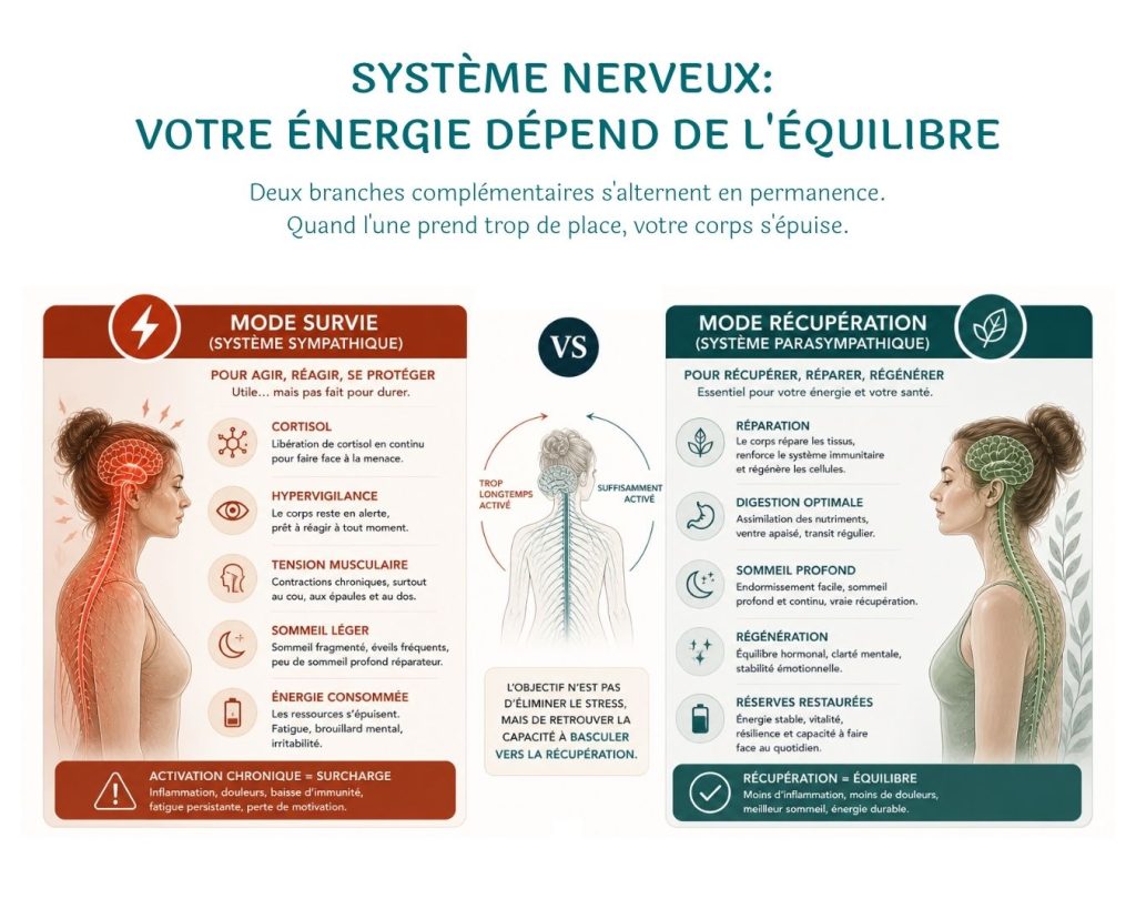 Infographie expliquant comment l’équilibre entre système nerveux sympathique (stress, hypervigilance, tensions, fatigue) et parasympathique (réparation, sommeil, digestion, énergie) influence durablement l’énergie, la récupération et la santé globale