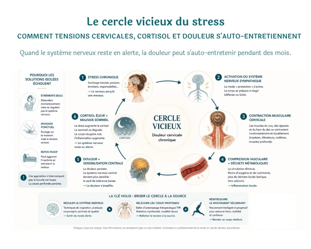 Illustration anatomique des muscles cervicaux et de la douleur de nuque liée au stress chronique