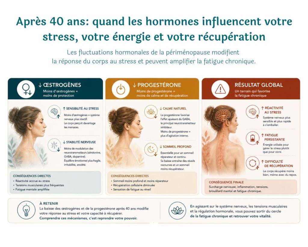 Infographie expliquant comment le stress chronique active le système nerveux, provoque tensions cervicales, cortisol élevé, inflammation et douleur persistante, créant un cercle vicieux, avec pistes pour le briser par régulation nerveuse, relâchement musculaire et mouvement.