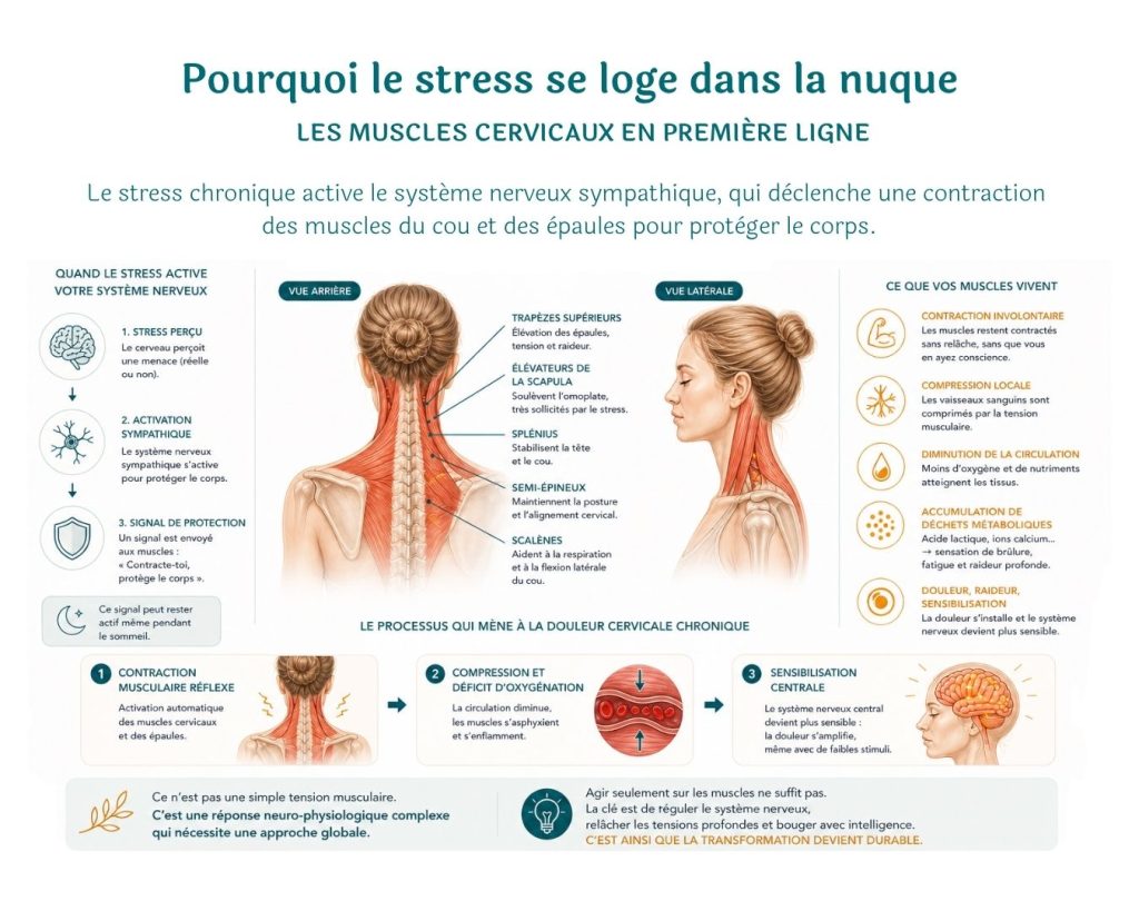Illustration anatomique des muscles cervicaux et de la douleur de nuque liée au stress chronique