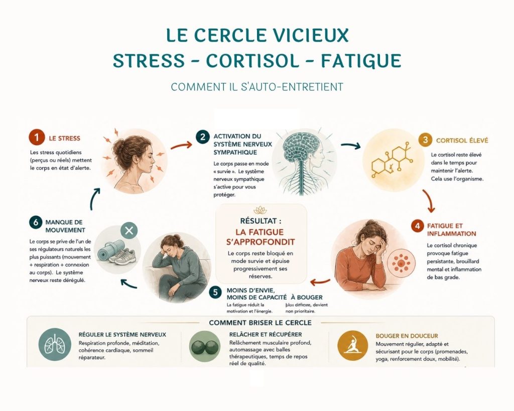 Infographie montrant comment le stress active le système nerveux, élève le cortisol, favorise fatigue, inflammation et manque de mouvement, créant un cercle vicieux, avec solutions comme régulation nerveuse, récupération et mouvement doux.