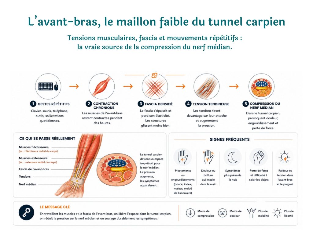 Infographie physiologique montrant comment les gestes répétitifs, la contraction chronique, le fascia densifié et la tension tendineuse de l’avant-bras augmentent la compression du nerf médian dans le tunnel carpien. Le visuel explique la chaîne mécanique complète à l’origine des douleurs, engourdissements et pertes de force.