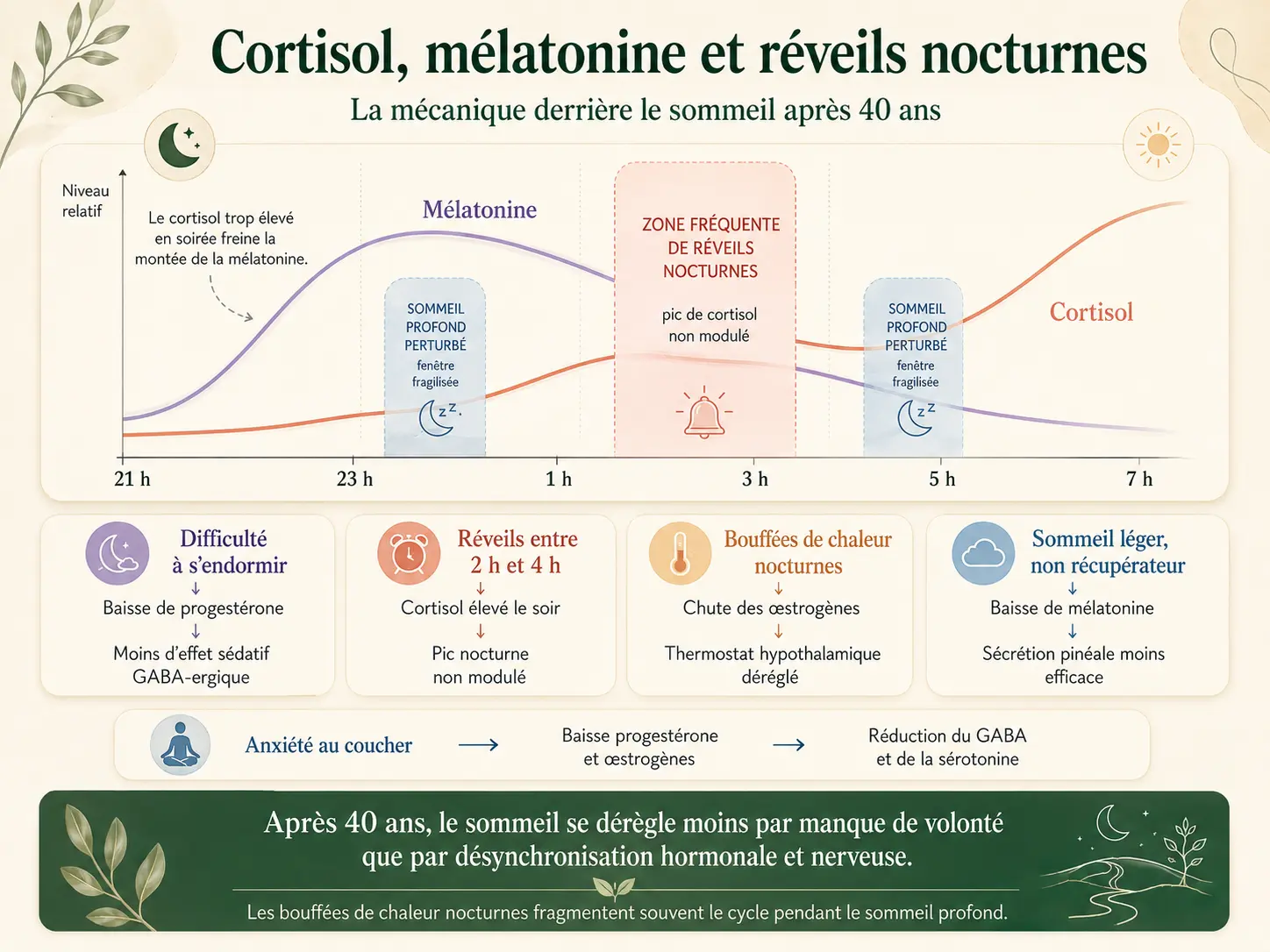 Infographie Holix des courbes de cortisol et de mélatonine au fil de la nuit chez la femme en périménopause, avec les zones de réveil nocturne et les fenêtres de sommeil profond perturbées.