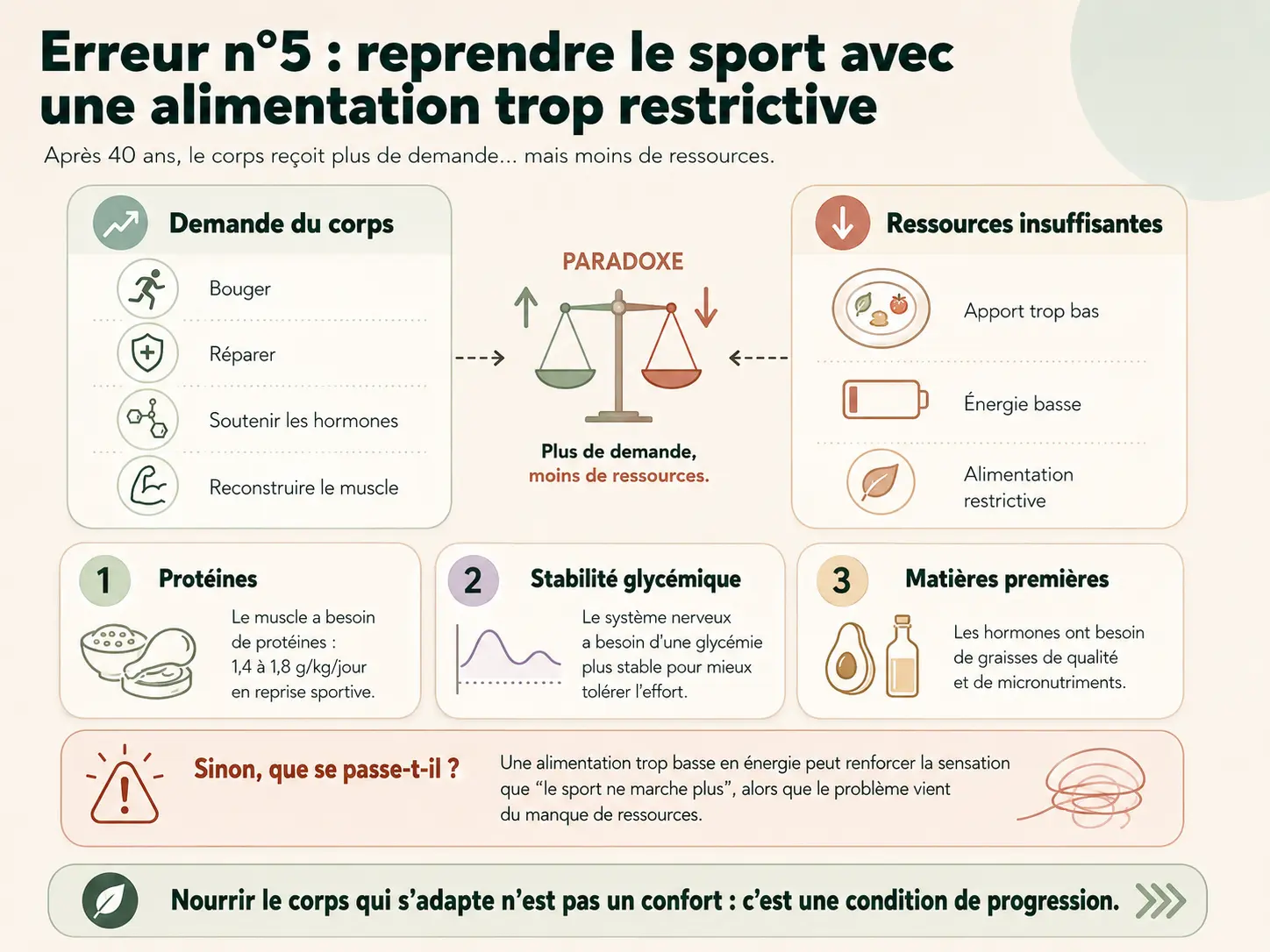 Infographie Holix des 5 erreurs les plus fréquentes lors d'une reprise sportive après 40 ans chez la femme, avec leurs mécanismes physiologiques et les ajustements recommandés.