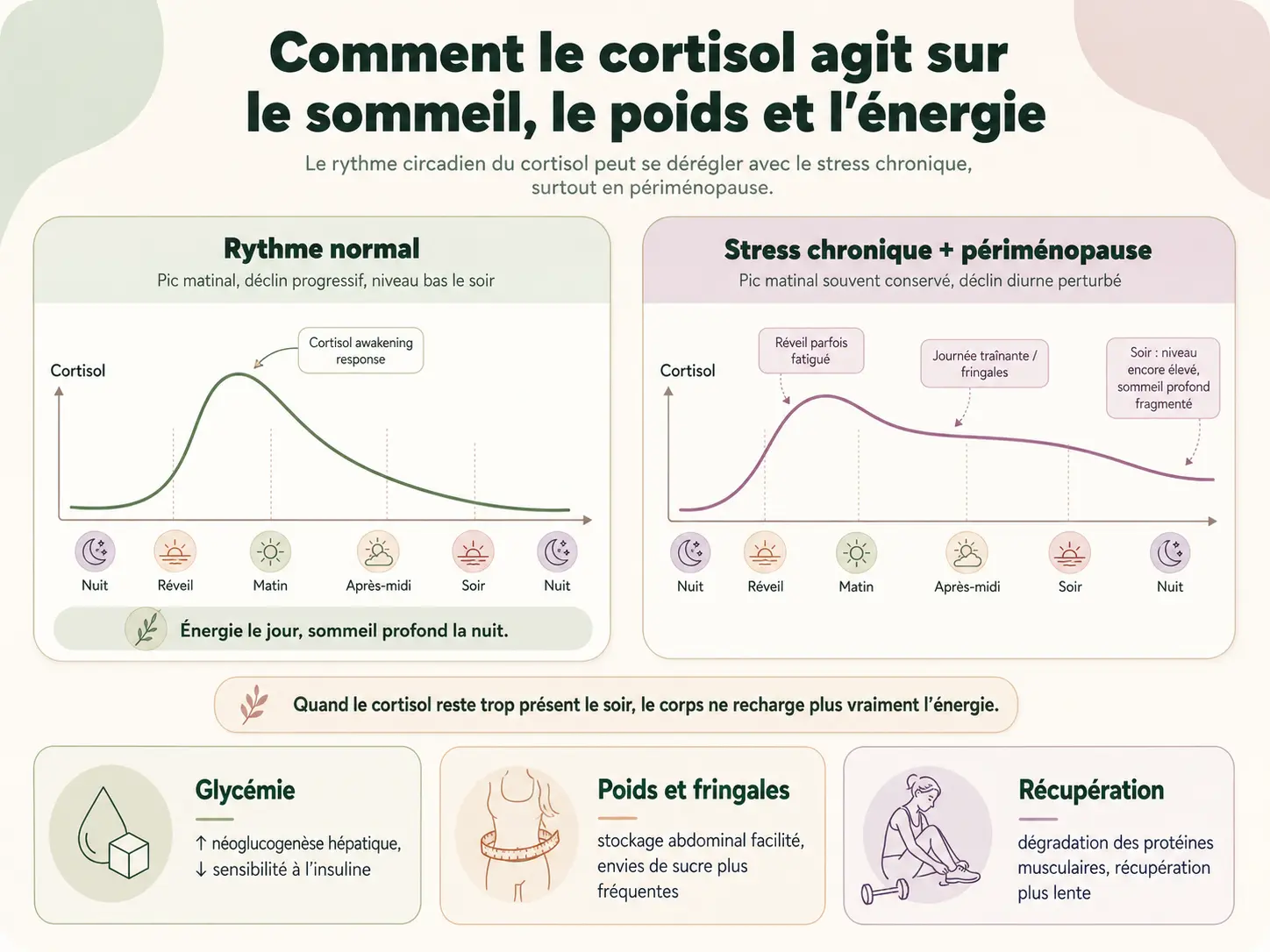 Infographie Holix du rythme circadien du cortisol en conditions normales comparé au profil d'une femme en périménopause avec stress chronique : pic matinal conservé, déclin diurne perturbé et niveau nocturne anormalement élevé qui fragmente le sommeil profond.