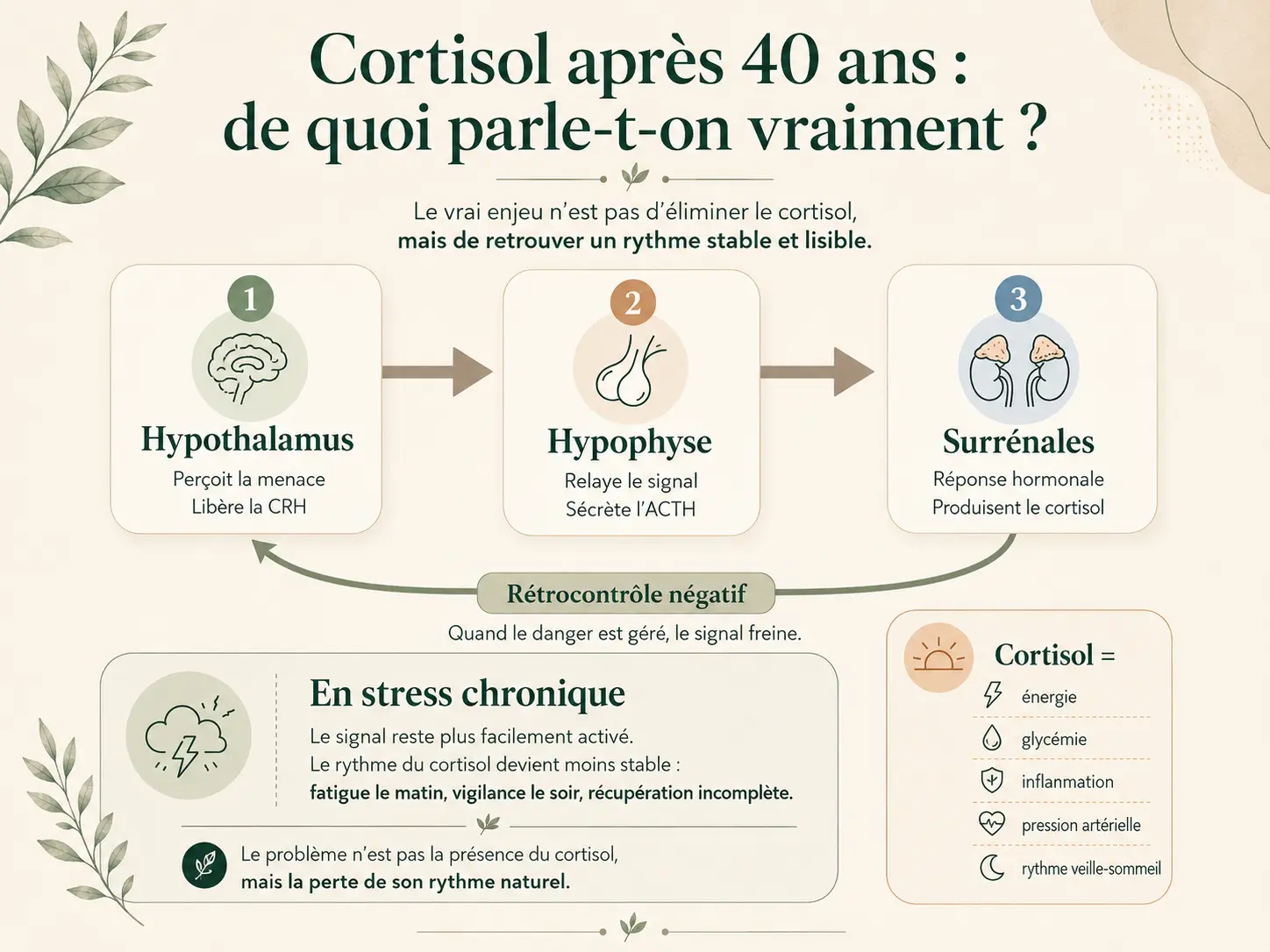 Schéma Holix de l'axe hypothalamo-hypophyso-surrénalien (HPA) : de la perception du stress par l'hypothalamus à la libération de cortisol par le cortex surrénalien, avec la boucle de rétrocontrôle négatif et sa désensibilisation en stress chronique.