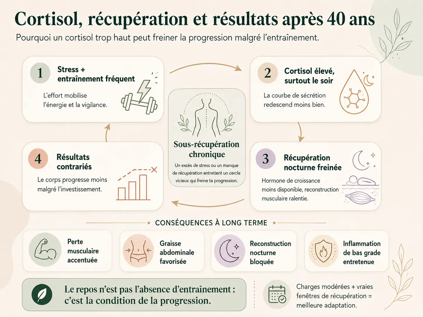 Schéma Holix illustrant le cycle cortisol-récupération musculaire chez la femme de 40 ans et son impact sur les résultats de l'entraînement en cas de sous-récupération chronique.