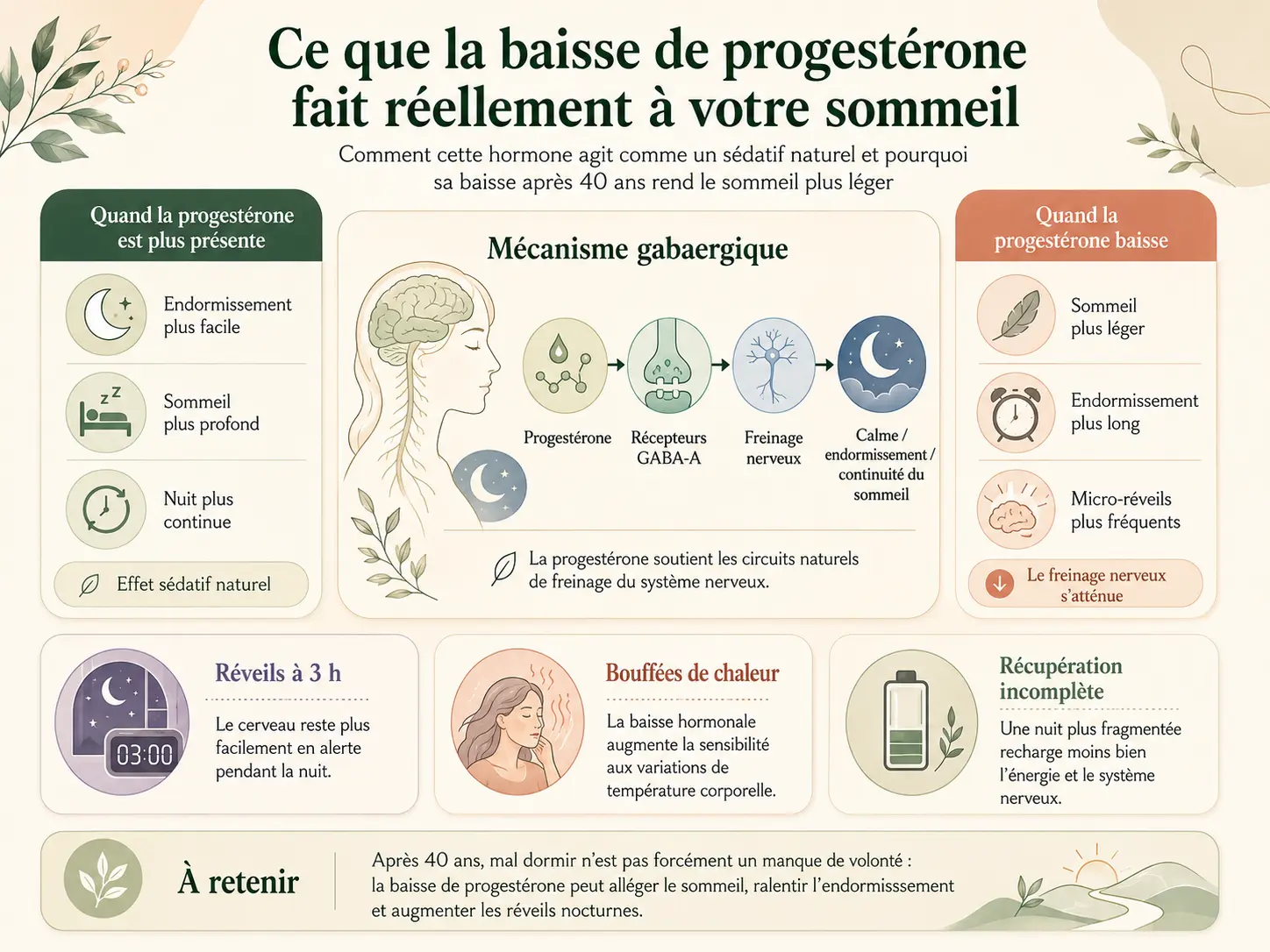 Schéma Holix du mécanisme GABA-A de la progestérone : comment cette hormone agit comme sédatif naturel et pourquoi sa baisse après 40 ans allège le sommeil féminin.