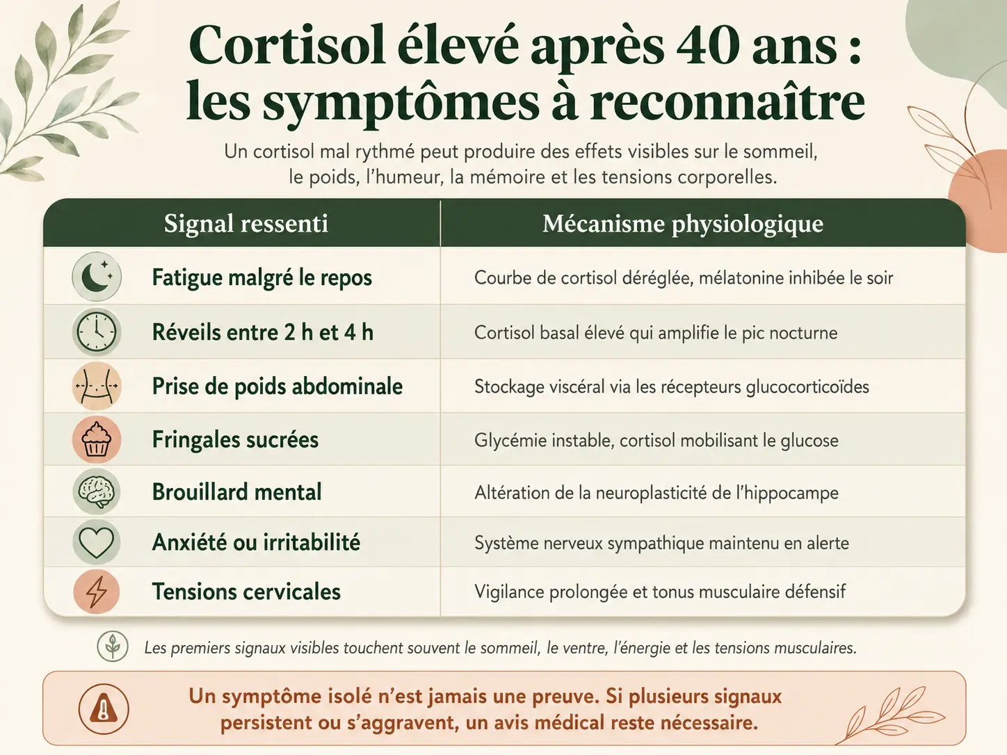 Tableau Holix des symptômes d'un cortisol chroniquement mal rythmé chez la femme après 40 ans, avec le mécanisme physiologique associé à chaque symptôme.