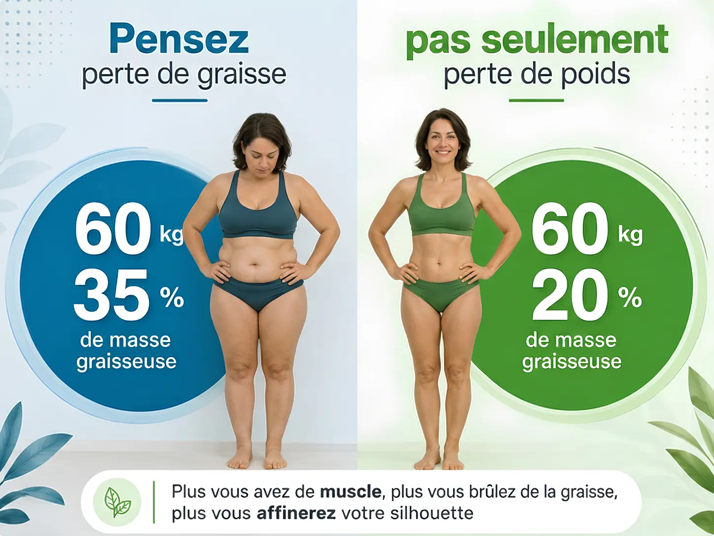 Illustration expliquant que plus de muscle favorise la perte de graisse et affine la silhouette.