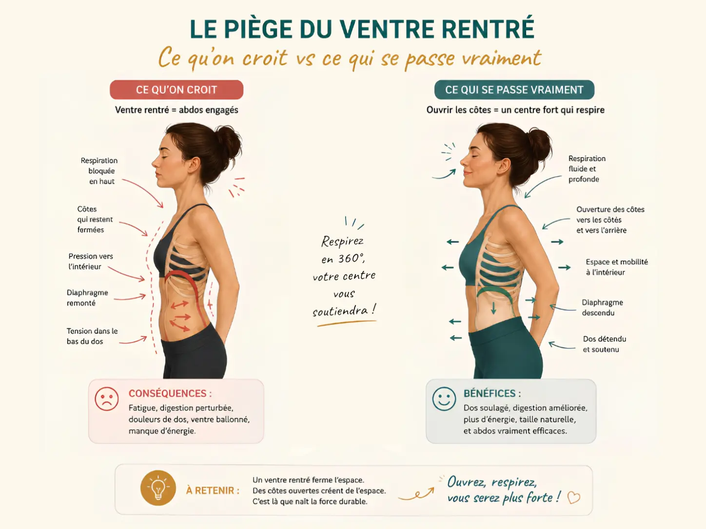 Schéma Holix comparant le réflexe de rentrer le ventre (contraction de surface) et l'activation profonde du transverse de l'abdomen.