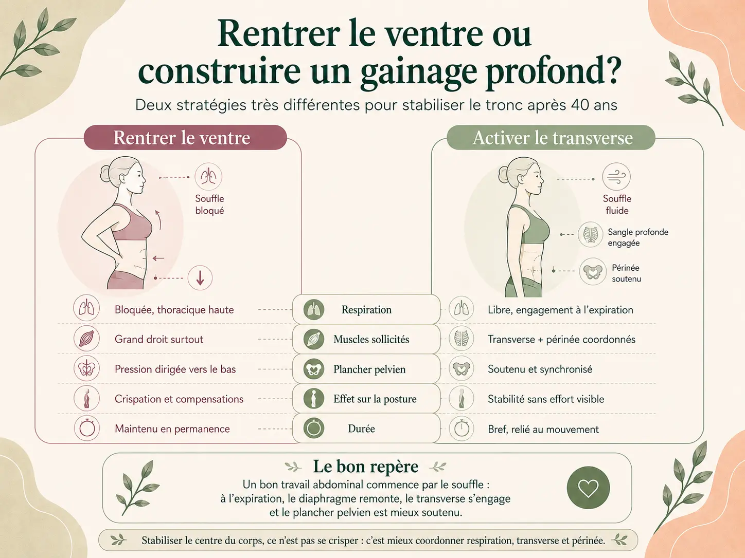 Comparatif Holix entre rentrer le ventre de manière crispée et construire un gainage profond avec respiration, transverse, périnée et posture.