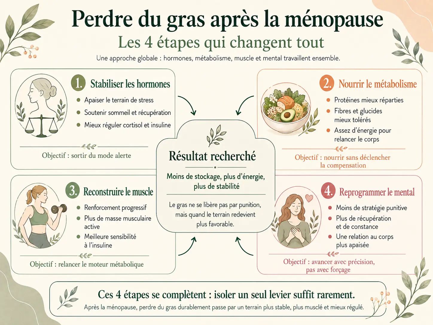 Infographie Holix des 4 étapes pour perdre du gras après la ménopause : stabiliser les hormones, nourrir le métabolisme, reconstruire le muscle, reprogrammer le mental.