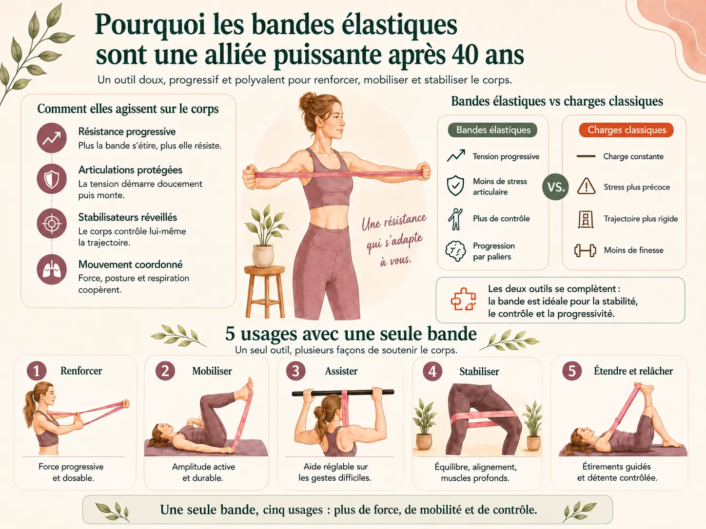 Infographie Holix des 5 façons d'utiliser une bande élastique pour soutenir le corps : renforcer, mobiliser, assister, stabiliser, étirer.
