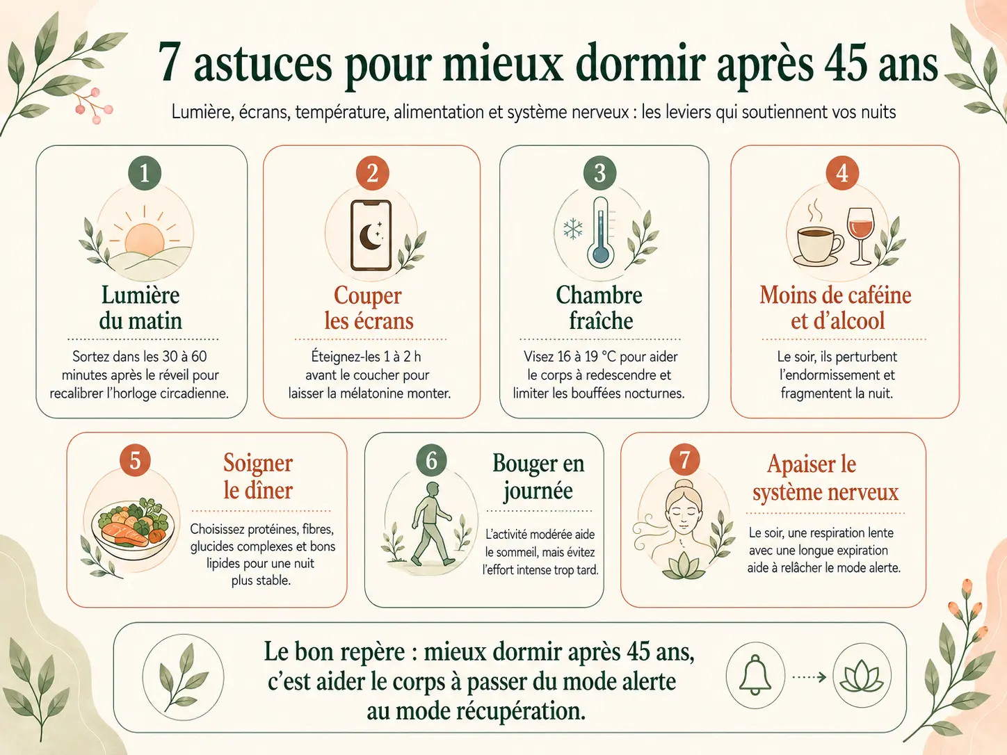 Infographie Holix des 7 astuces pour mieux dormir après 45 ans : lumière, écrans, température, caféine, dîner, mouvement, système nerveux.