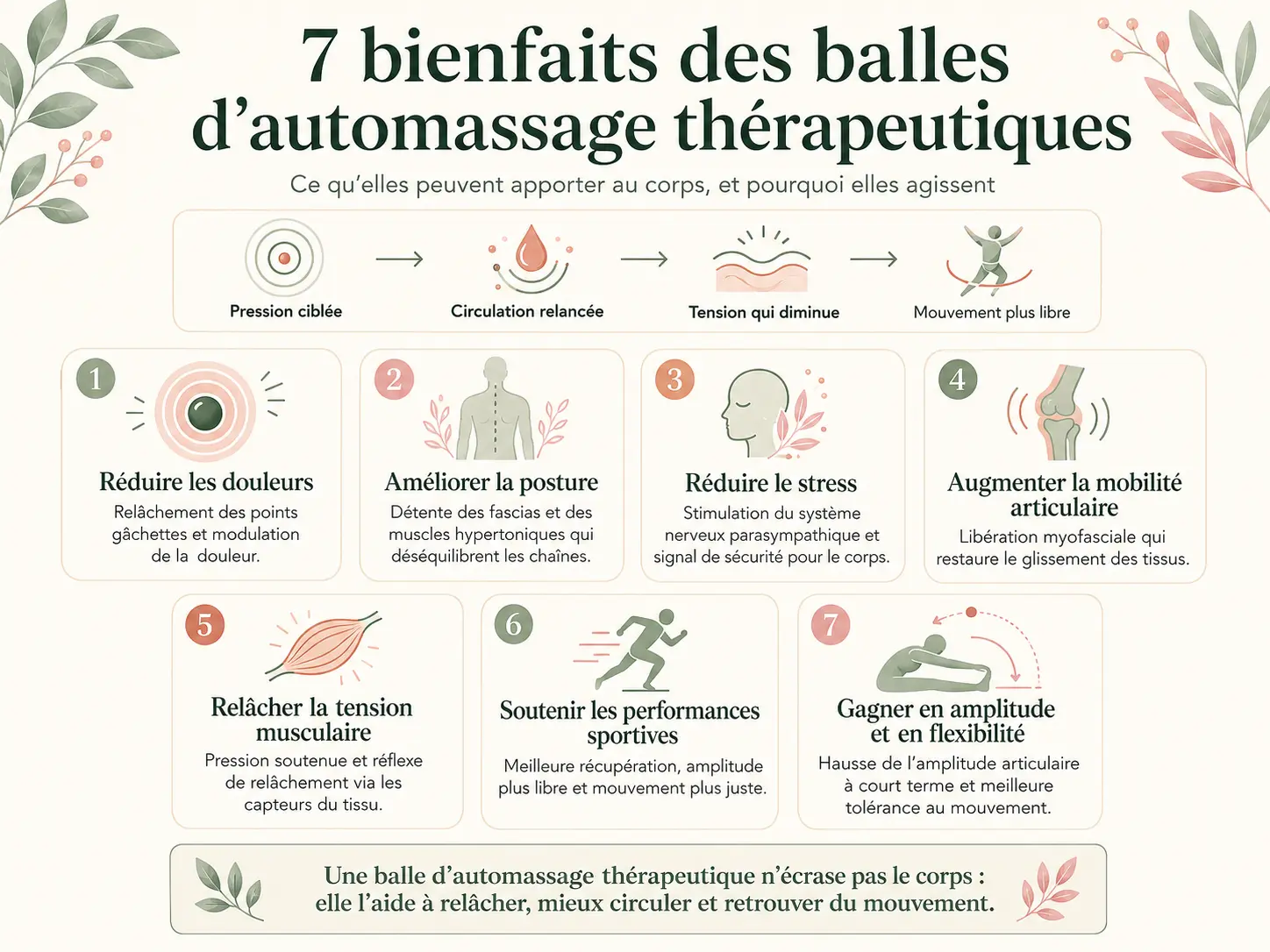 Infographie Holix résumant les 7 bienfaits des balles d'automassage thérapeutiques et le mécanisme physiologique associé à chacun.