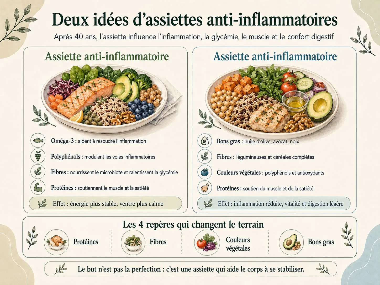 Infographie Holix comparant une assiette anti-inflammatoire et une assiette pro-inflammatoire après la ménopause.