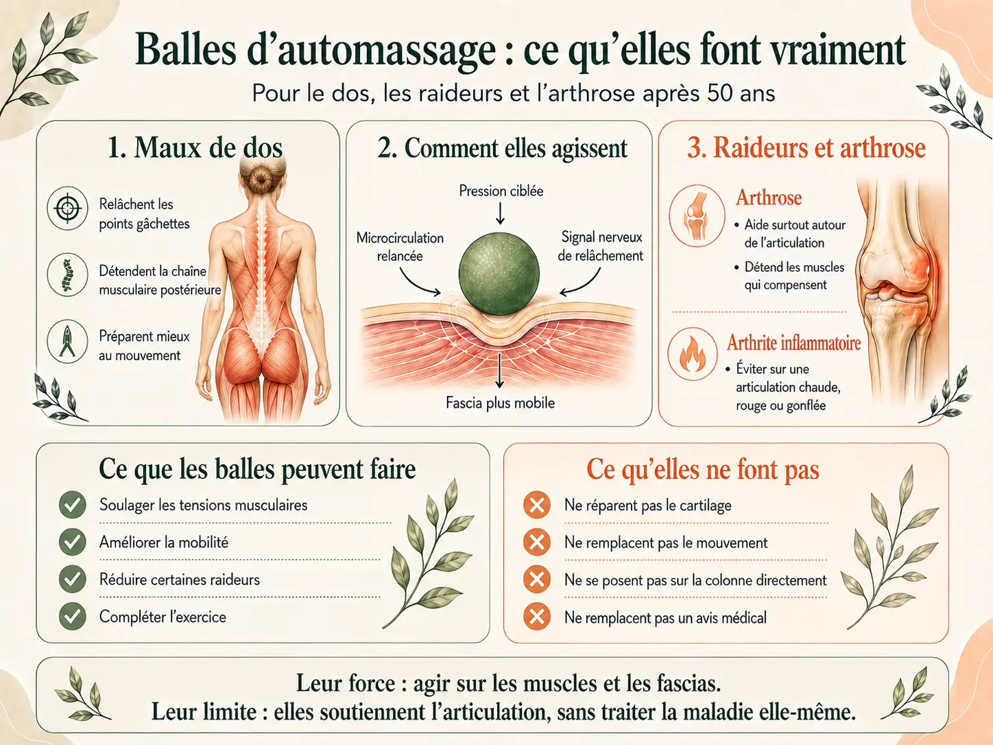 Infographie Holix de ce que les balles d'automassage thérapeutiques font et ne font pas sur les maux de dos, les raideurs et l'arthrose.