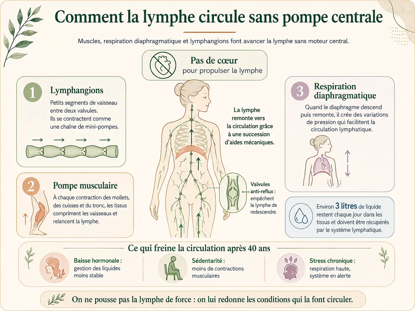 Schéma expliquant comment la lymphe circule sans pompe centrale grâce aux muscles, à la respiration diaphragmatique et aux lymphangions.