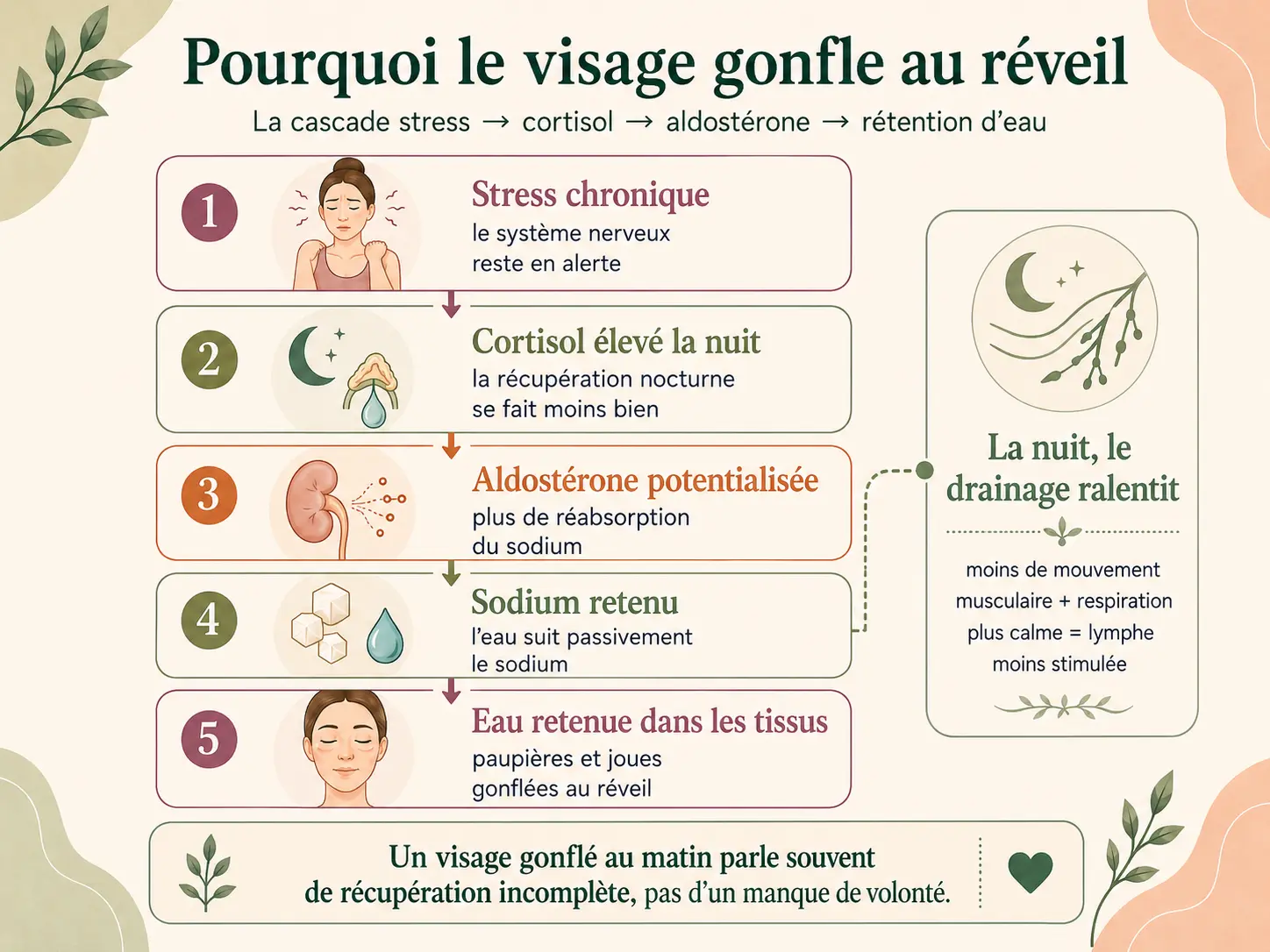 Infographie Holix de la cascade stress, cortisol, aldostérone et rétention de sodium et d'eau, jusqu'au gonflement du visage au réveil.