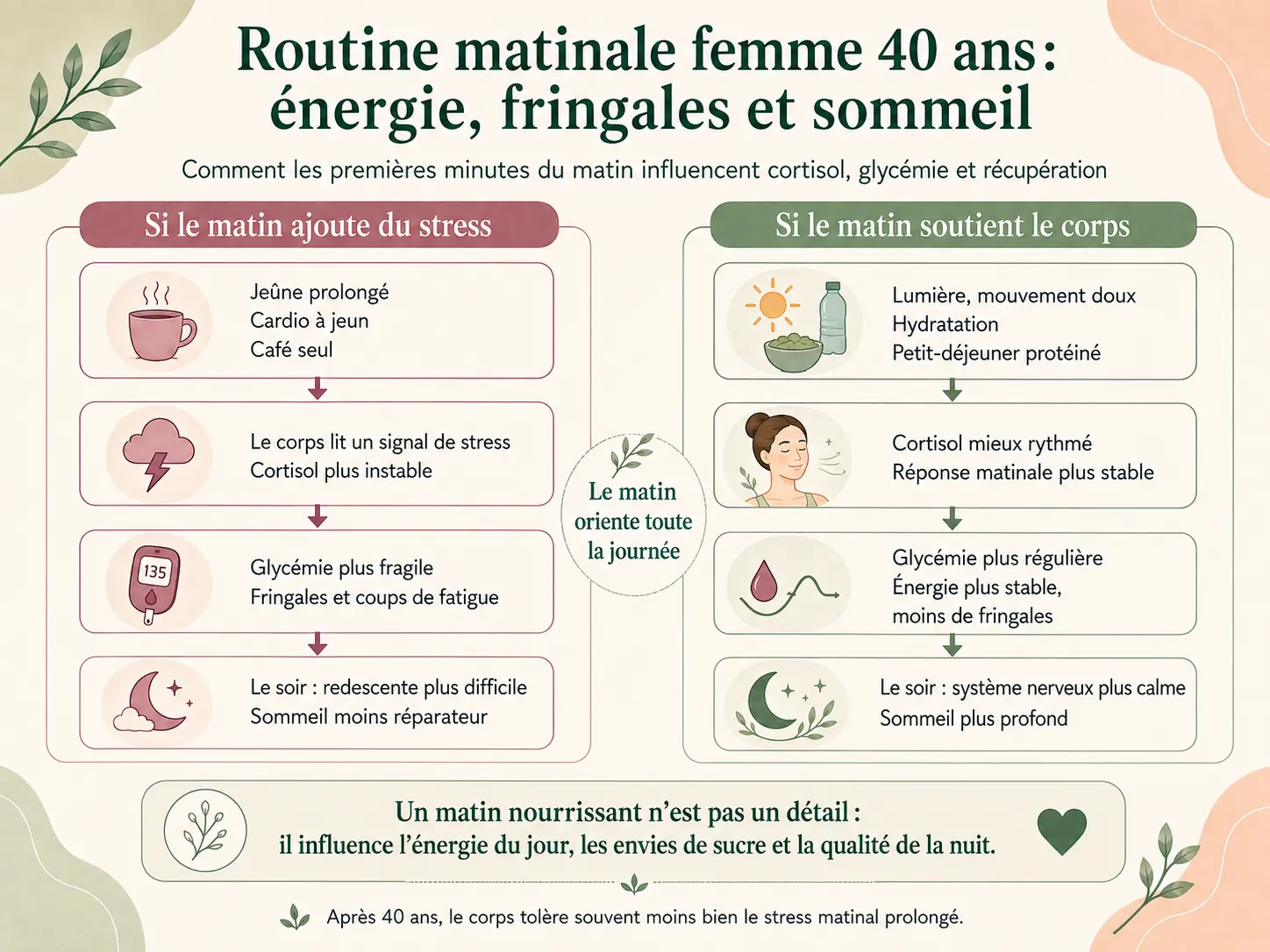Infographie Holix montrant comment les premières minutes du matin influencent le cortisol, la glycémie, les fringales, l'énergie et le sommeil chez une femme après 40 ans.