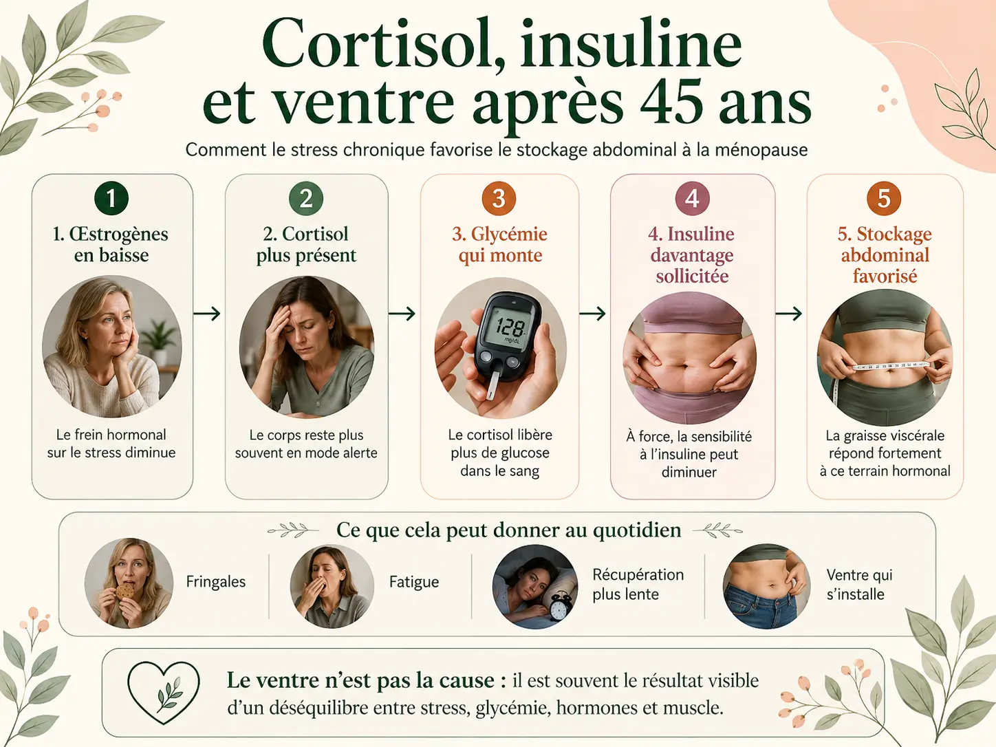Infographie Holix expliquant comment le cortisol chronique augmente le glucose, stimule l'insuline et favorise la graisse abdominale à la ménopause.