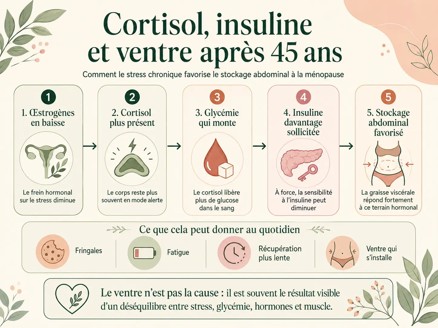 Infographie Holix expliquant comment le cortisol chronique augmente le glucose, stimule l'insuline et favorise la graisse abdominale à la ménopause.