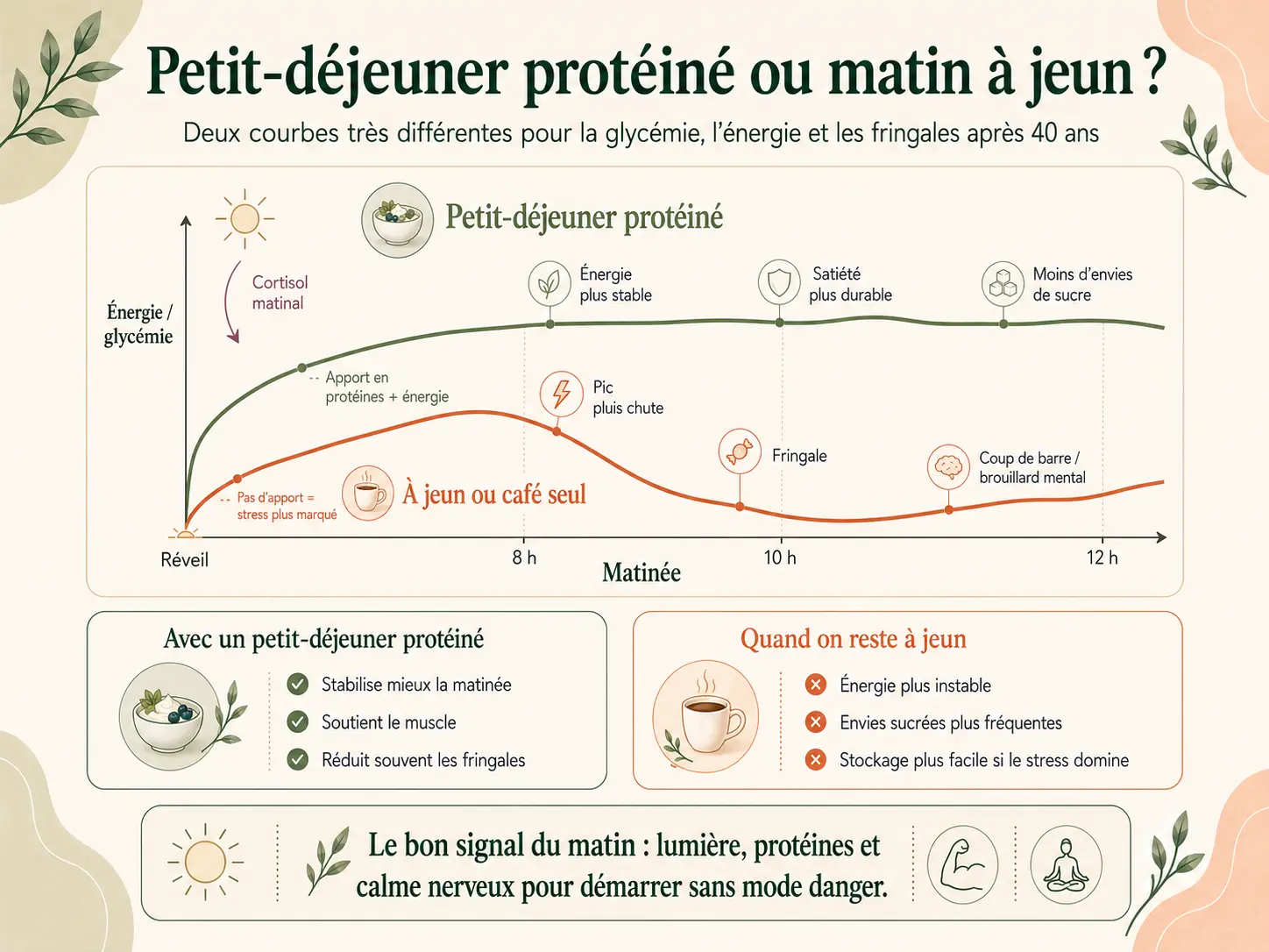 Infographie Holix comparant la courbe de glycémie au fil de la matinée avec un petit-déjeuner protéiné et à jeun, et l'apparition des fringales.