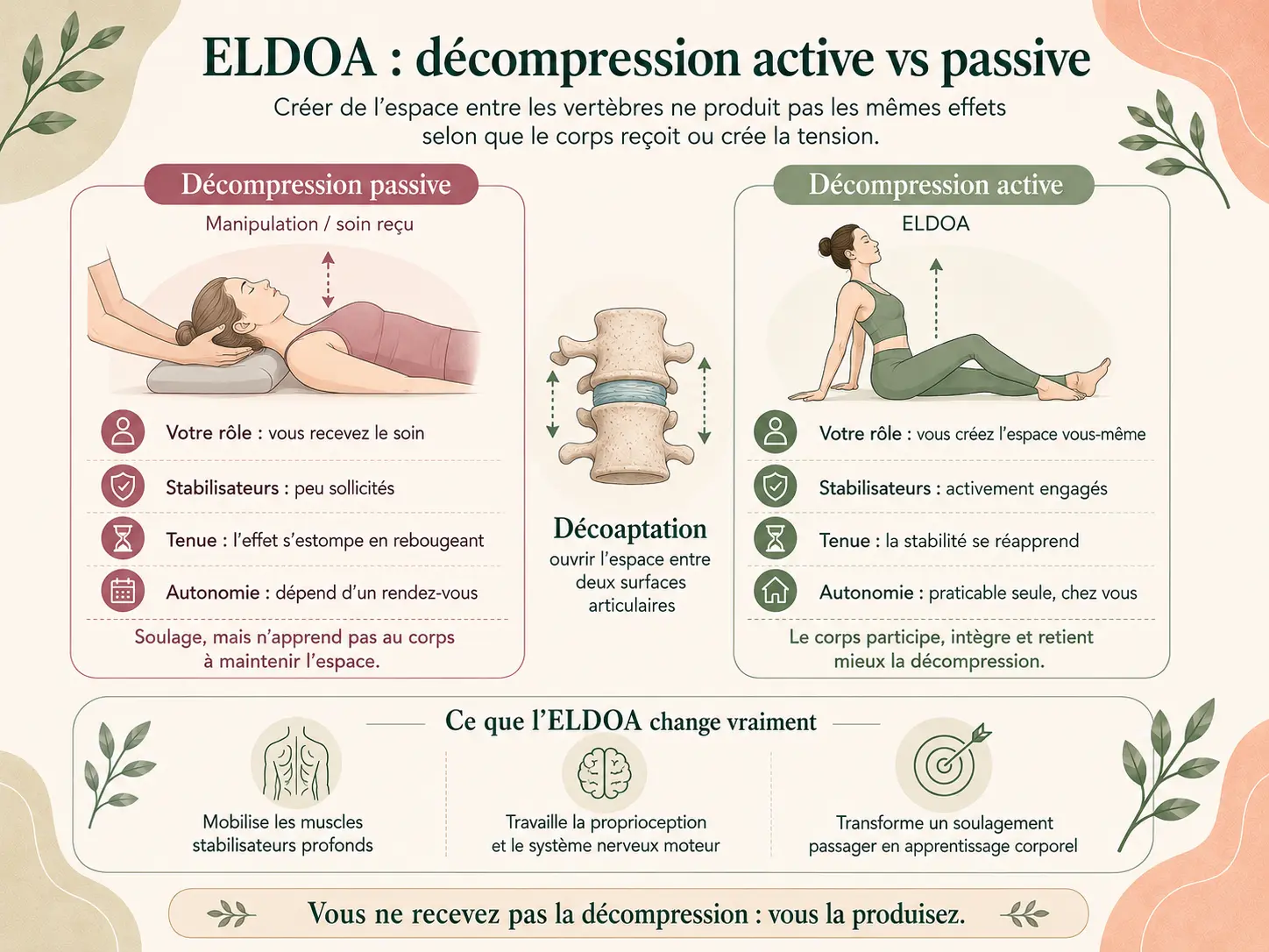 Infographie Holix comparant la décompression passive par manipulation et la décompression active par l'ELDOA, avec leurs effets sur les muscles stabilisateurs.
