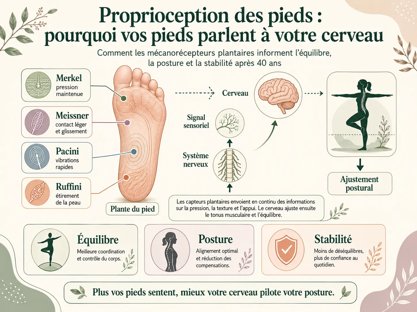 Infographie Holix des mécanorécepteurs plantaires montrant le trajet de l'information sensorielle de la plante du pied vers le cerveau et le rôle de la proprioception dans l'équilibre après 40 ans.