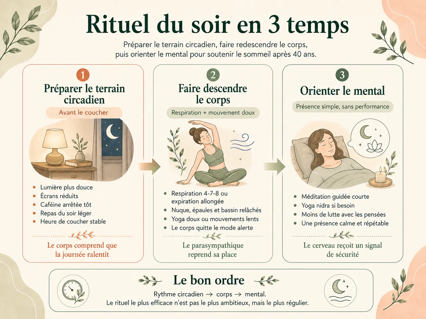 Infographie Holix d'un rituel du soir en trois temps : préparer le terrain circadien, faire descendre le corps par la respiration et le yoga doux, orienter le mental par une méditation guidée.