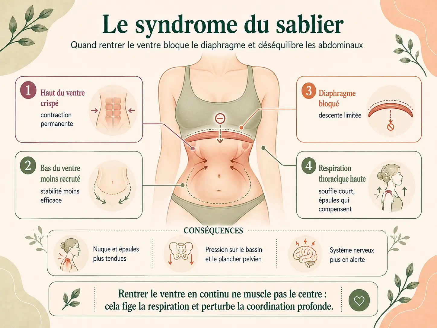 Infographie Holix du syndrome du sablier montrant le diaphragme bloqué, la respiration thoracique haute et le déséquilibre entre haut et bas de l'abdomen.