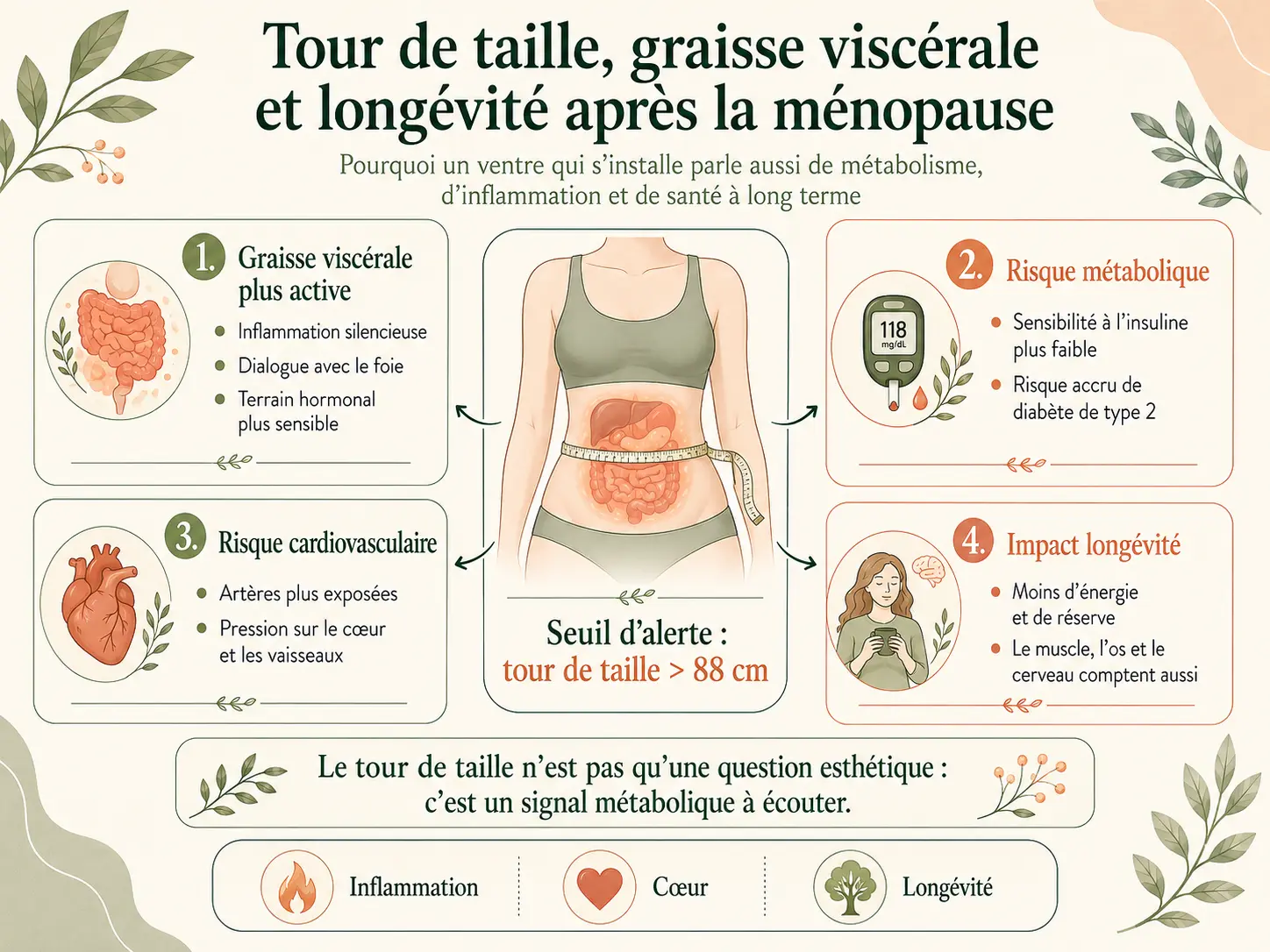 Infographie Holix sur le tour de taille de 88 cm, la graisse viscérale inflammatoire et le lien avec la longévité après la ménopause.