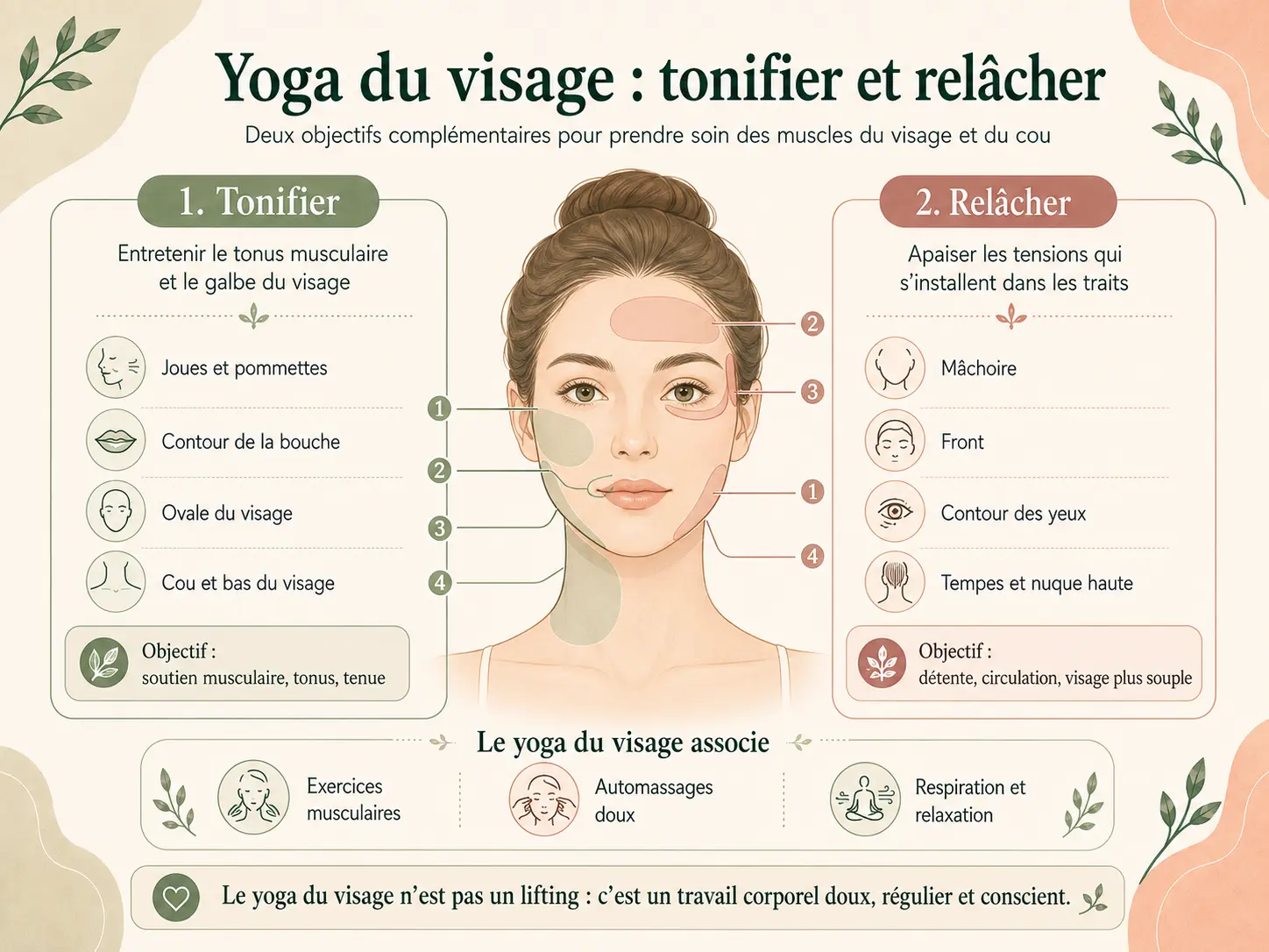 Infographie Holix des deux objectifs du yoga du visage, tonifier les muscles et relâcher les tensions, avec les zones concernées.
