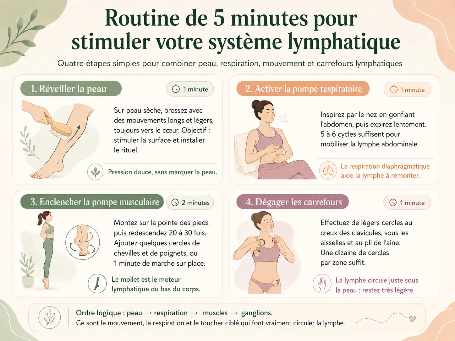 Infographie en quatre étapes de la routine de 5 minutes pour stimuler le système lymphatique : brossage, respiration, pompe du mollet, ganglions.