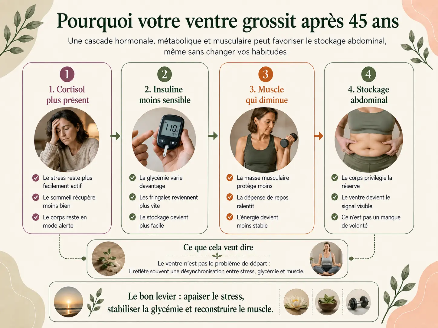 Schéma Holix de la cascade hormonale après 45 ans montrant cortisol, résistance à l'insuline, perte musculaire et stockage abdominal.