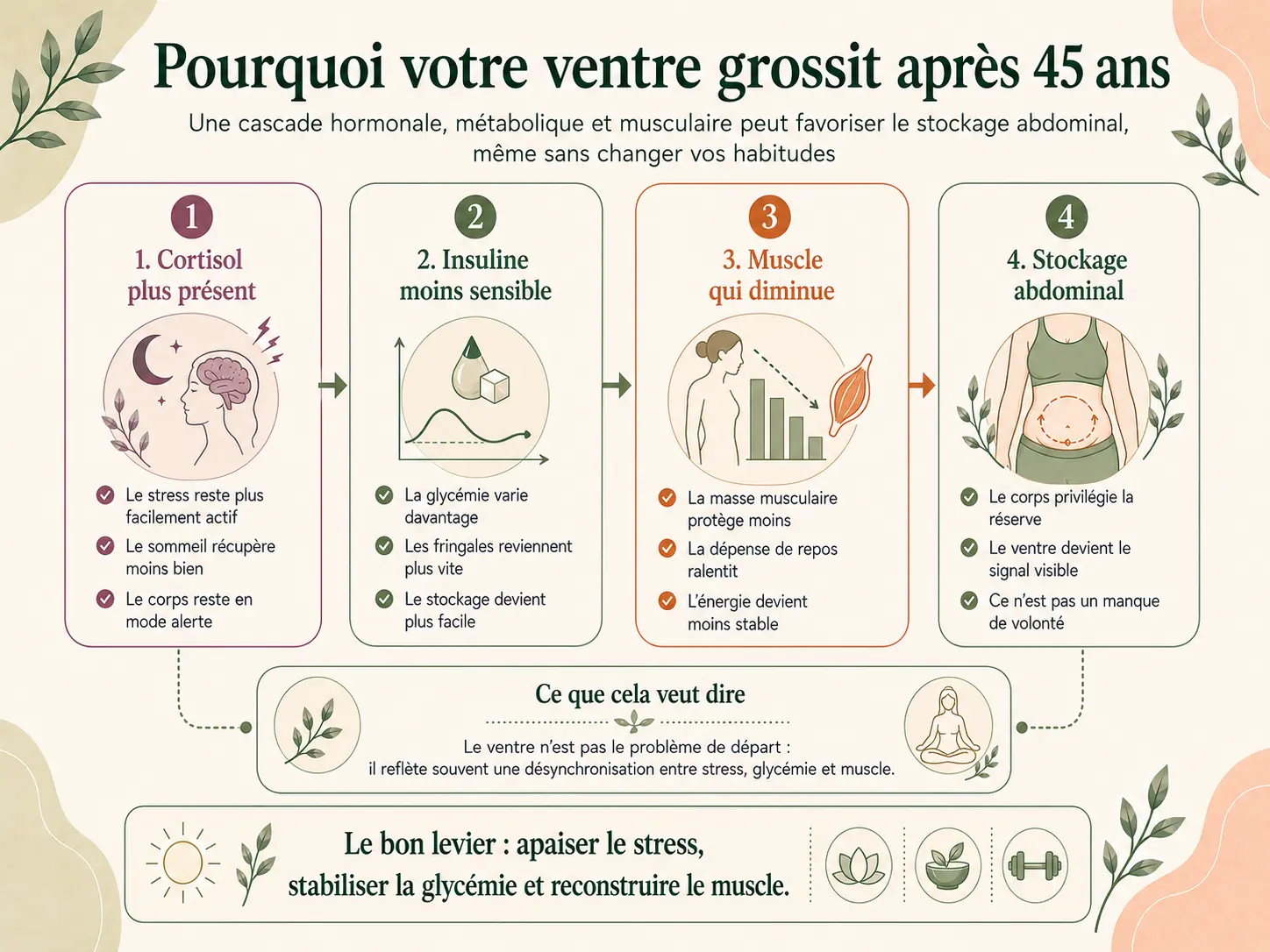 Schéma Holix de la cascade hormonale après 45 ans montrant cortisol, résistance à l'insuline, perte musculaire et stockage abdominal.