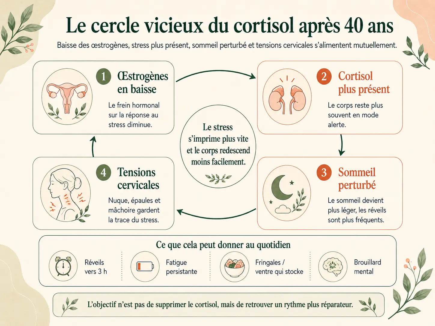 Schéma Holix du cercle vicieux du cortisol après 40 ans : baisse des œstrogènes, hausse du cortisol, sommeil perturbé et tensions cervicales.