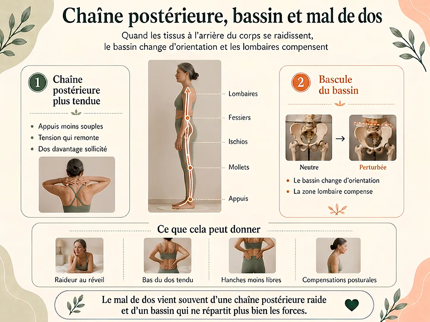 Schéma Holix de la chaîne musculaire postérieure et de la bascule du bassin à l'origine d'un mal de bas du dos.