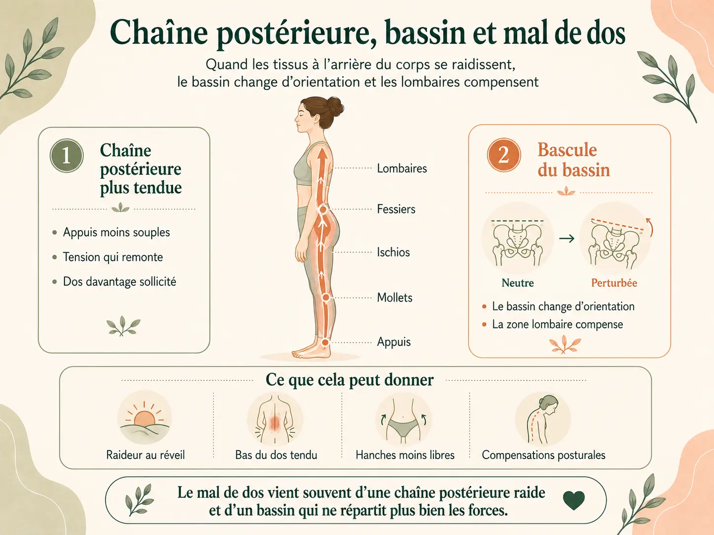 Schéma Holix de la chaîne musculaire postérieure et de la bascule du bassin à l'origine d'un mal de bas du dos.