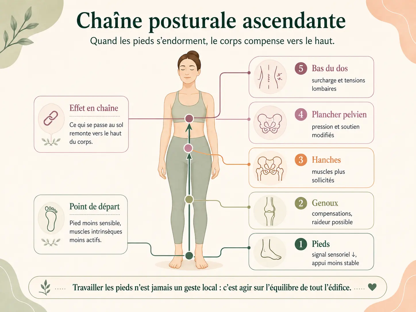 Schéma Holix de la chaîne posturale ascendante reliant l'appui des pieds aux genoux, aux hanches, au plancher pelvien et au bas du dos chez la femme de 40 ans.