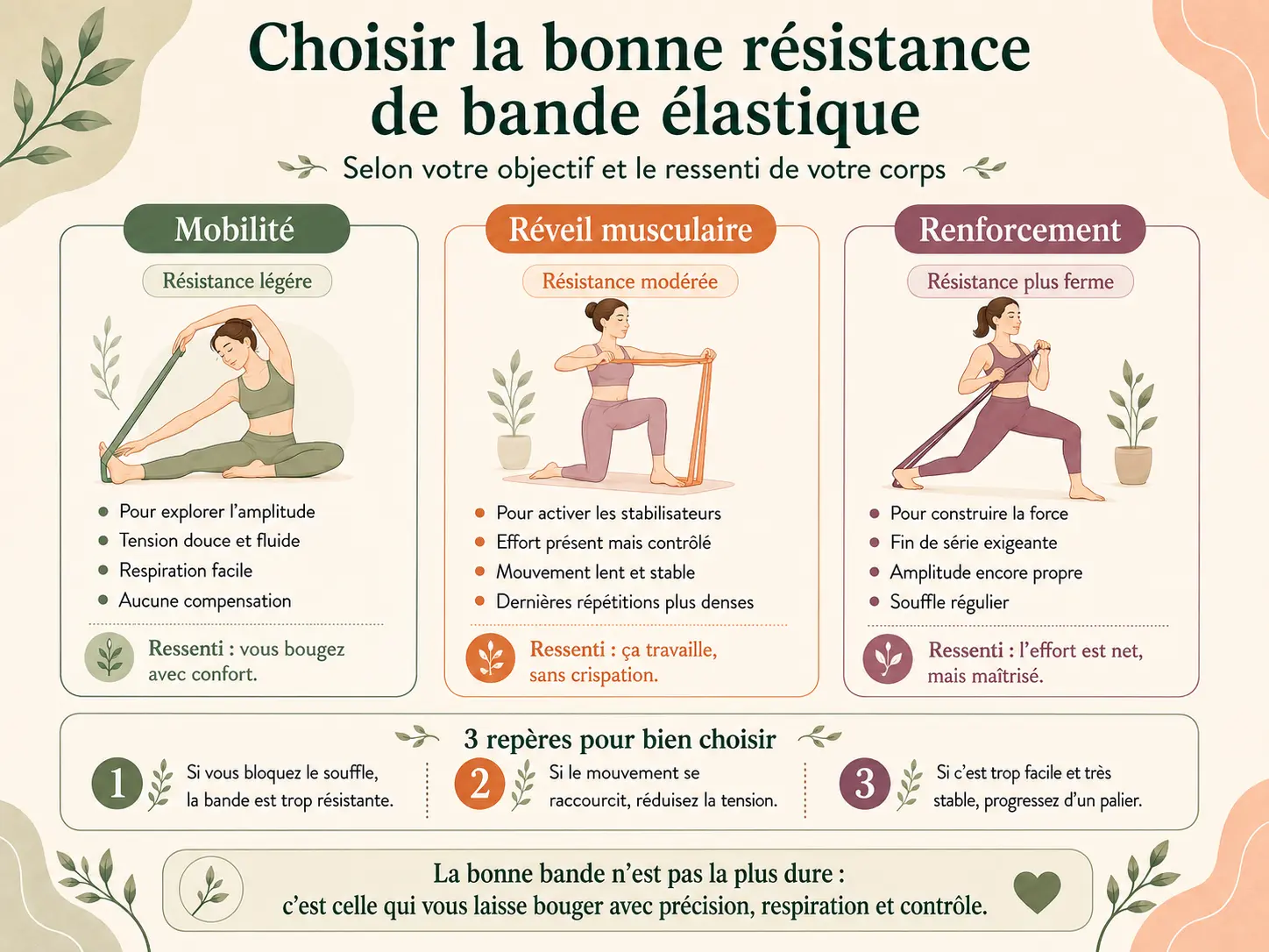 Schéma Holix pour choisir le niveau de résistance d'une bande élastique selon l'objectif (mobilité, réveil musculaire, renforcement) et le ressenti corporel.