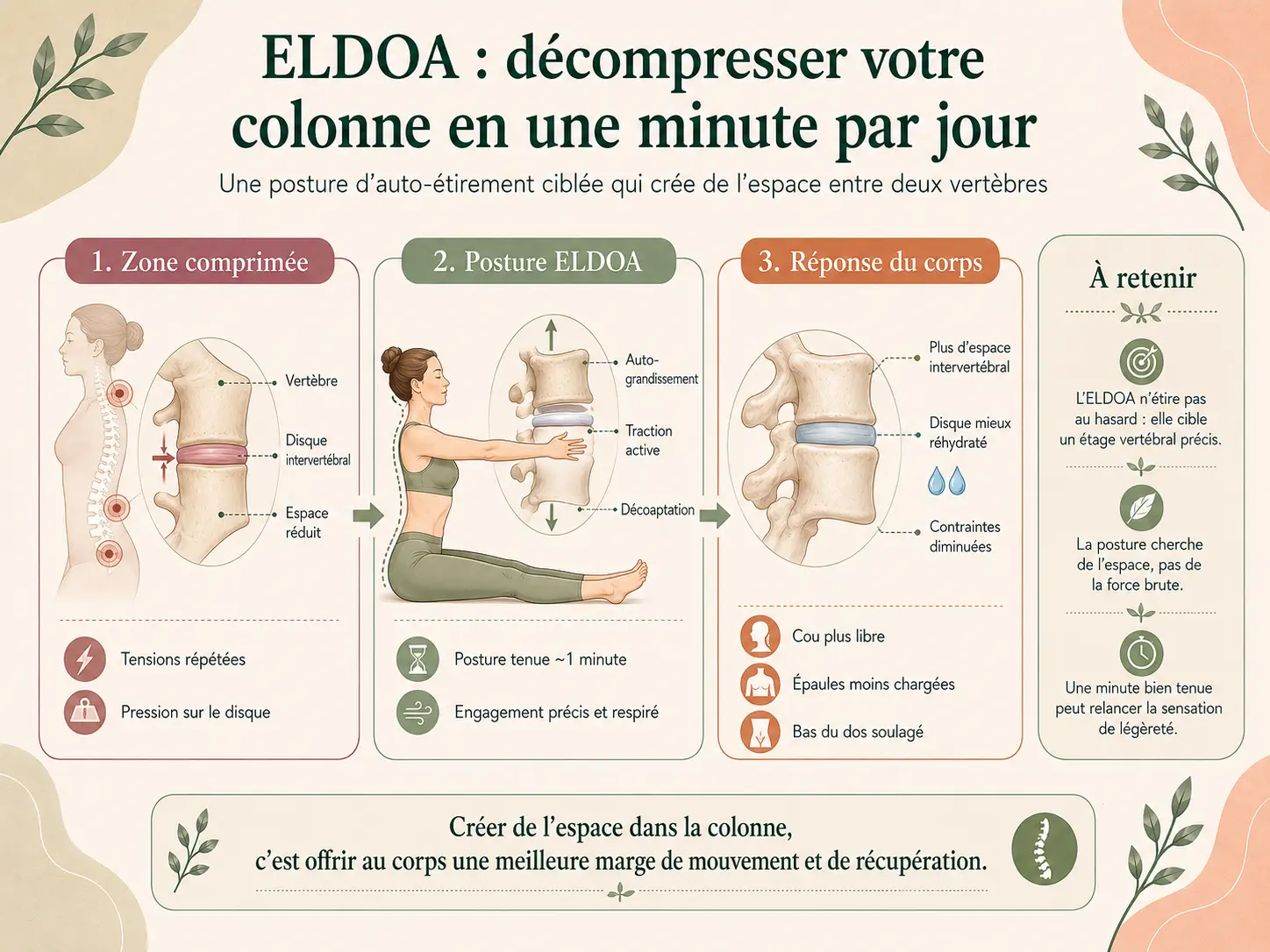 Schéma Holix d'une ELDOA montrant la décoaptation, soit l'espace créé entre deux vertèbres et la réhydratation du disque intervertébral.