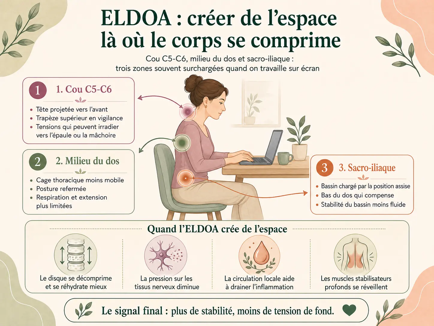 Schéma Holix des zones ciblées par l'ELDOA (cou C5-C6 et trapèze, milieu du dos, articulation sacro-iliaque) chez une femme qui travaille sur écran.