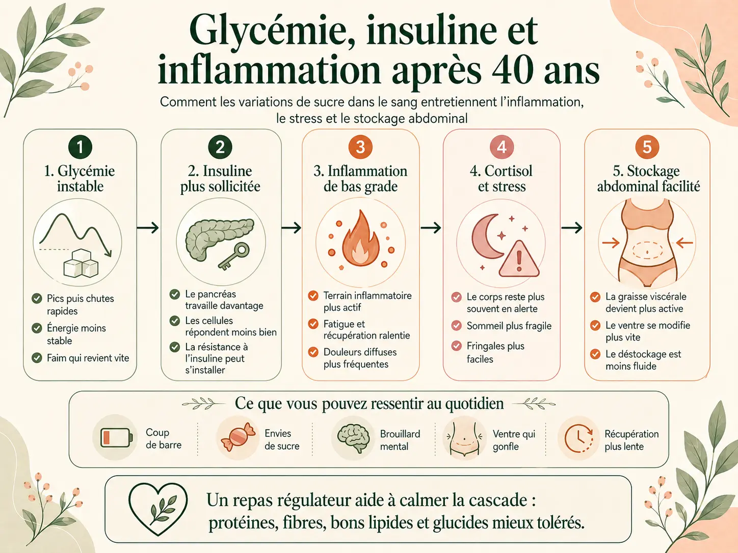 Schéma Holix montrant le lien entre glycémie instable, insuline, inflammation de bas grade, cortisol, fringales et graisse abdominale après 40 ans.
