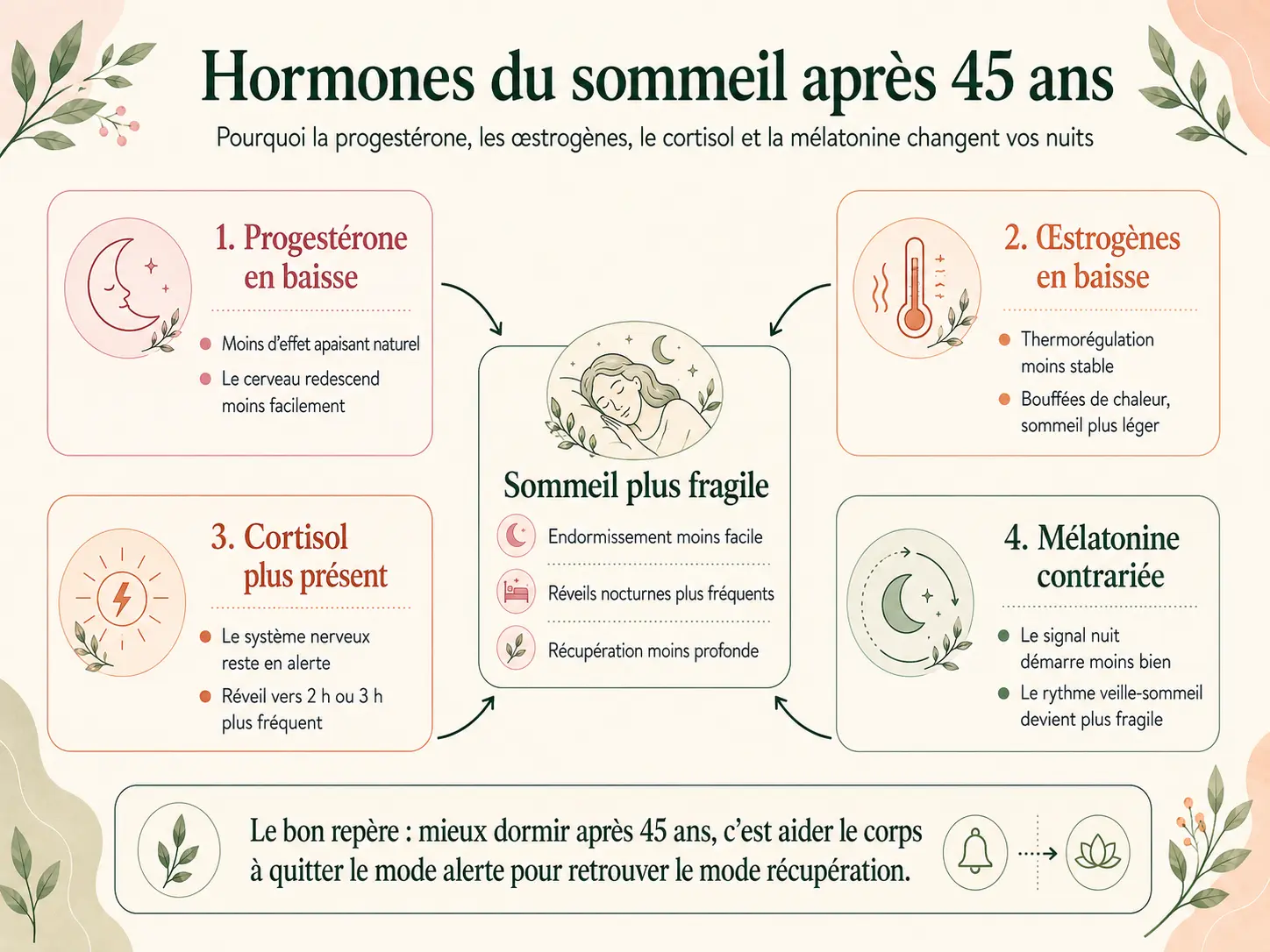 Schéma Holix des hormones du sommeil après 45 ans : baisse de la progestérone et des œstrogènes, opposition cortisol et mélatonine.
