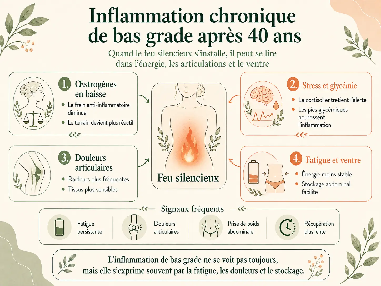 Schéma Holix de l'inflammation chronique de bas grade et de ses signaux après 40 ans : douleurs articulaires, fatigue, prise de poids abdominale.