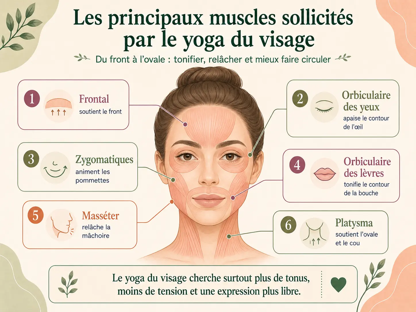 Schéma Holix des principaux muscles peauciers du visage sollicités par le yoga du visage, du front à l'ovale.