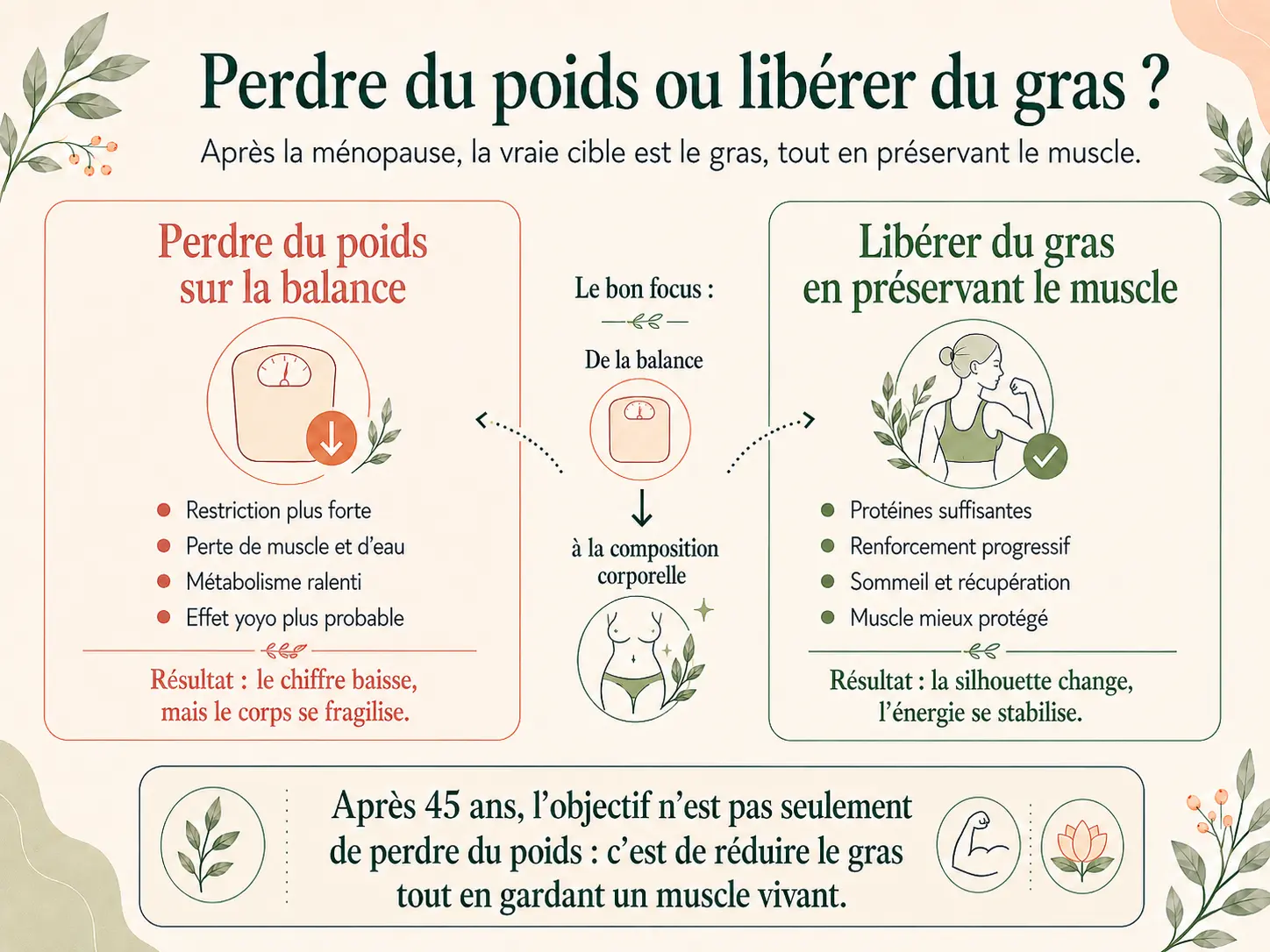 Schéma Holix illustrant la différence entre perdre du poids sur la balance et libérer du gras en préservant le muscle après la ménopause.